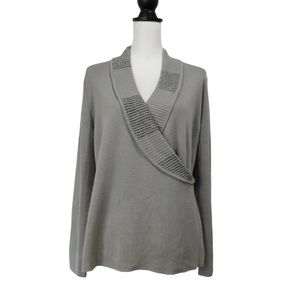 Adrianna Papell Gray V Shawl Neck Tight Knit Long Sleeve Pullover Sweate…